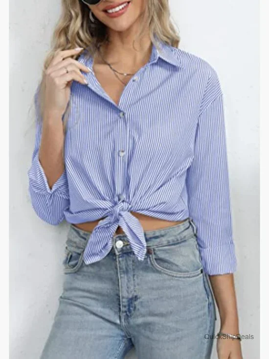 Striped Button Down Shirt Long Sleeve V-Neck Office Blouse - Picture 2 of 7